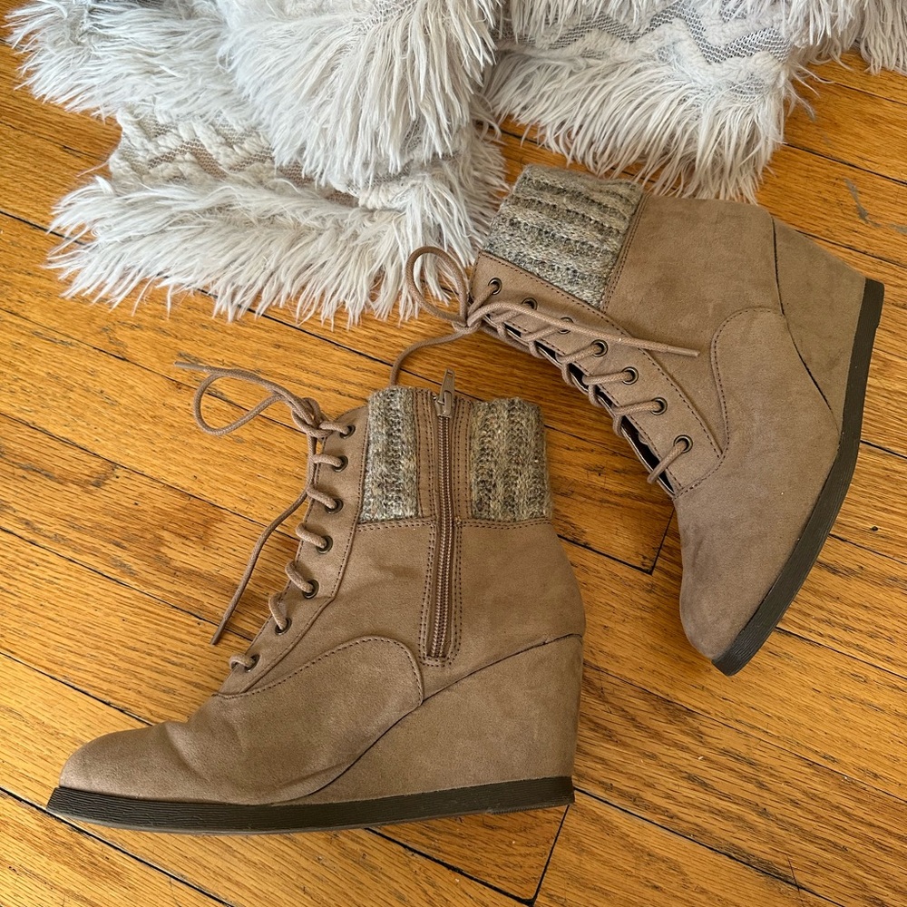 Tan Lace Up Boots with Wedge Heel